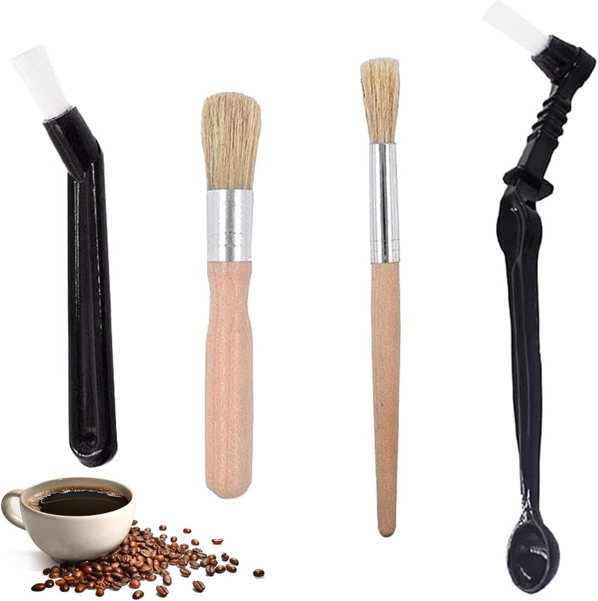 Koffieborstel Set - Wit/Zwart - 4 Stuks - Professionele Reinigingsborstels voor Koffiemachines en Molens - Voor Thuis en Barista