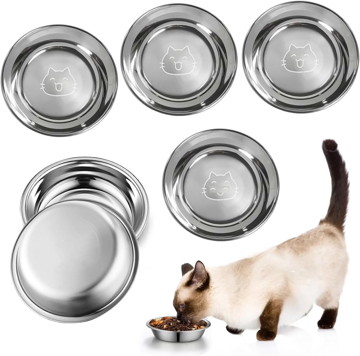 Set van 6 Roestvrijstalen Kattenvoerbakken van 16 cm, Eenvoudig Schoon te Maken, Ideaal voor Kittens en Kleine Huisdieren, Duurzaam en Antislip Design