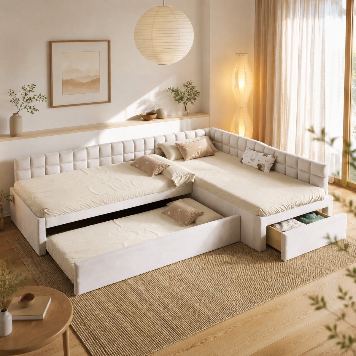 Normaal Bed 90x200 Cm - L-vormig Bed Met Uitziehbed En Laden - Ruimtebesparend Voor Kinderkamer En Logeerkamer - Mdf En Stof - Beige - Zonder Matras