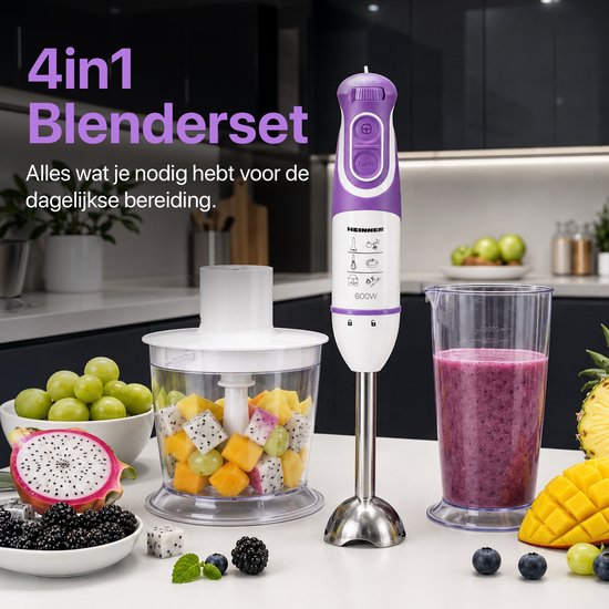 Heinner Staafmixer Set - 600W - 5 Snelheden - Turbo Functie - 700 ml Maatbeker - Hakmolen - Garde - RVS Staaf - Wit/Violet van Heinner — afbeelding 2