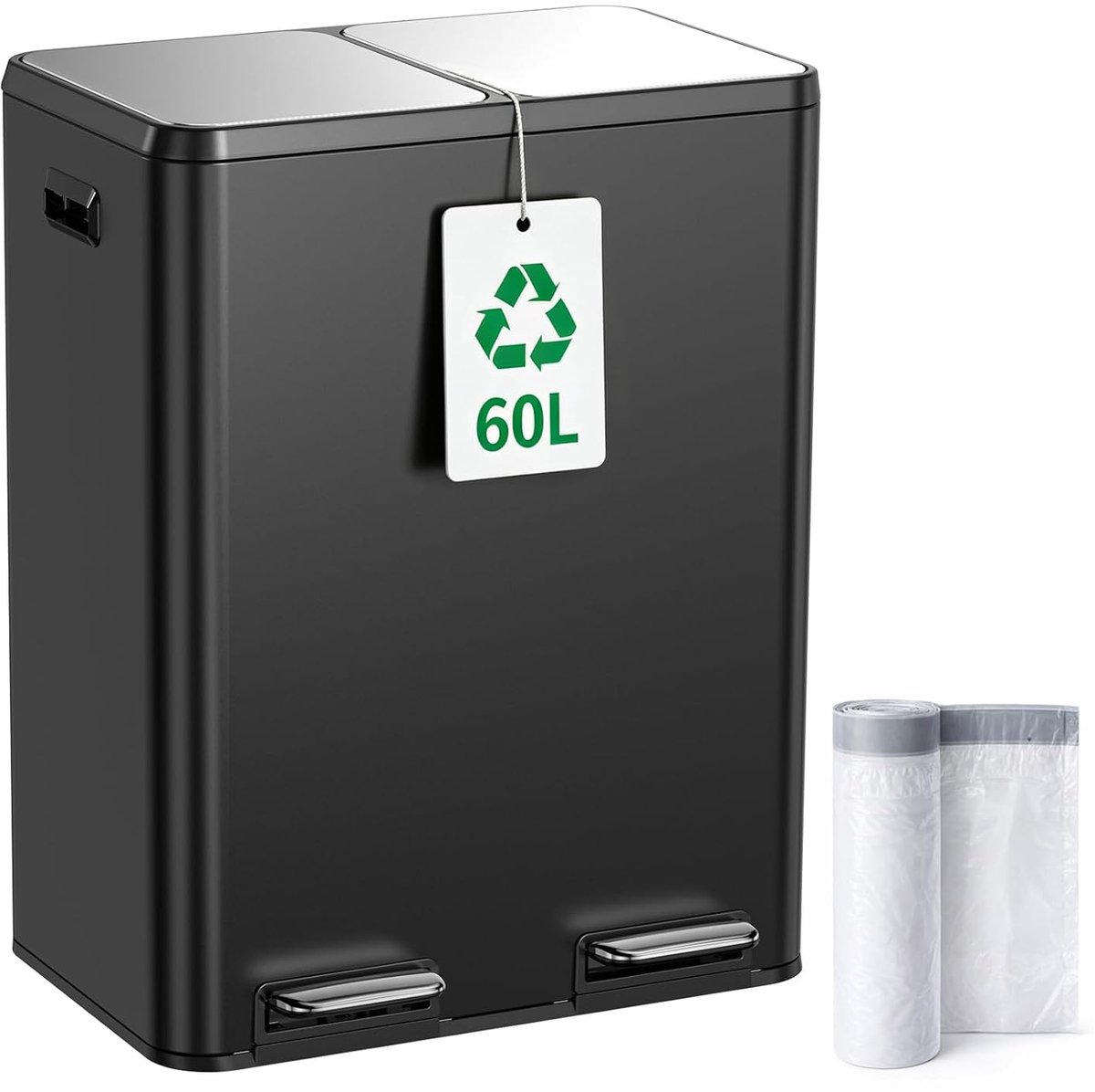 Afvalemmer - Zwart Roestvrij Staal - 60 liter - Pedaalafvalemmer met Soft-Close Deksel - Voor Keuken en Huishouden