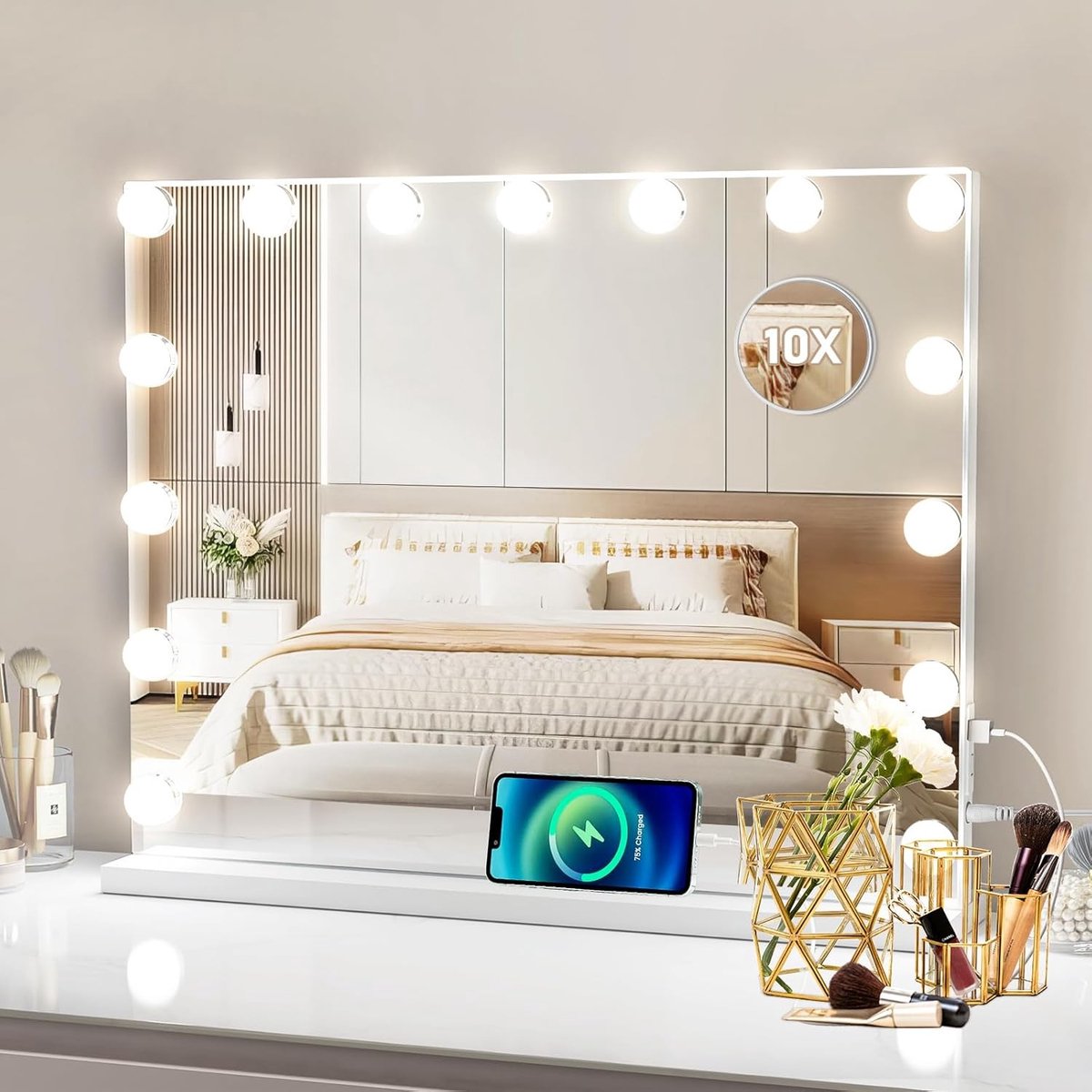 Make-upspiegel - Wit - 58 x 46 cm - Met LED Verlichting en USB-poorten - Voor Make-up en Gezichtsverzorging