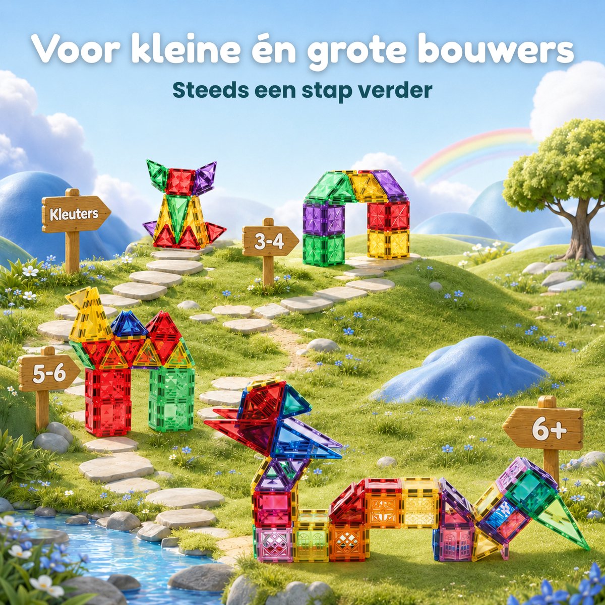 Five Stars® Magnetic Tiles 400 Stuks – Inclusief Bouwopdrachten – Magnetische Tegels Speelgoed – Magnetisch Bouwspeelgoed – Montessori Educatief – Constructie Bouwstenen – Magna Tiles - Cadeau voor Jongens & Meisjes — afbeelding 2