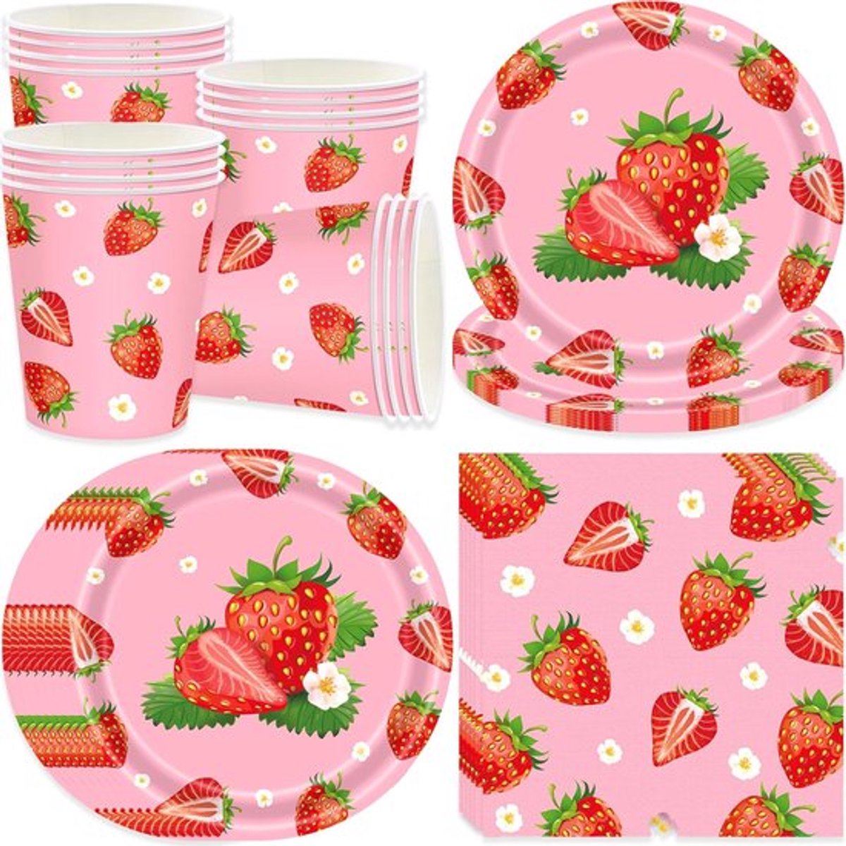 Aardbeienfeest Servies Set - Aardbeienfeest Tafelservies voor 16 Gasten - Roze Wegwerp Papieren Borden - Bekers - Servetten - Kinderverjaardag Decoratie - Babyshower