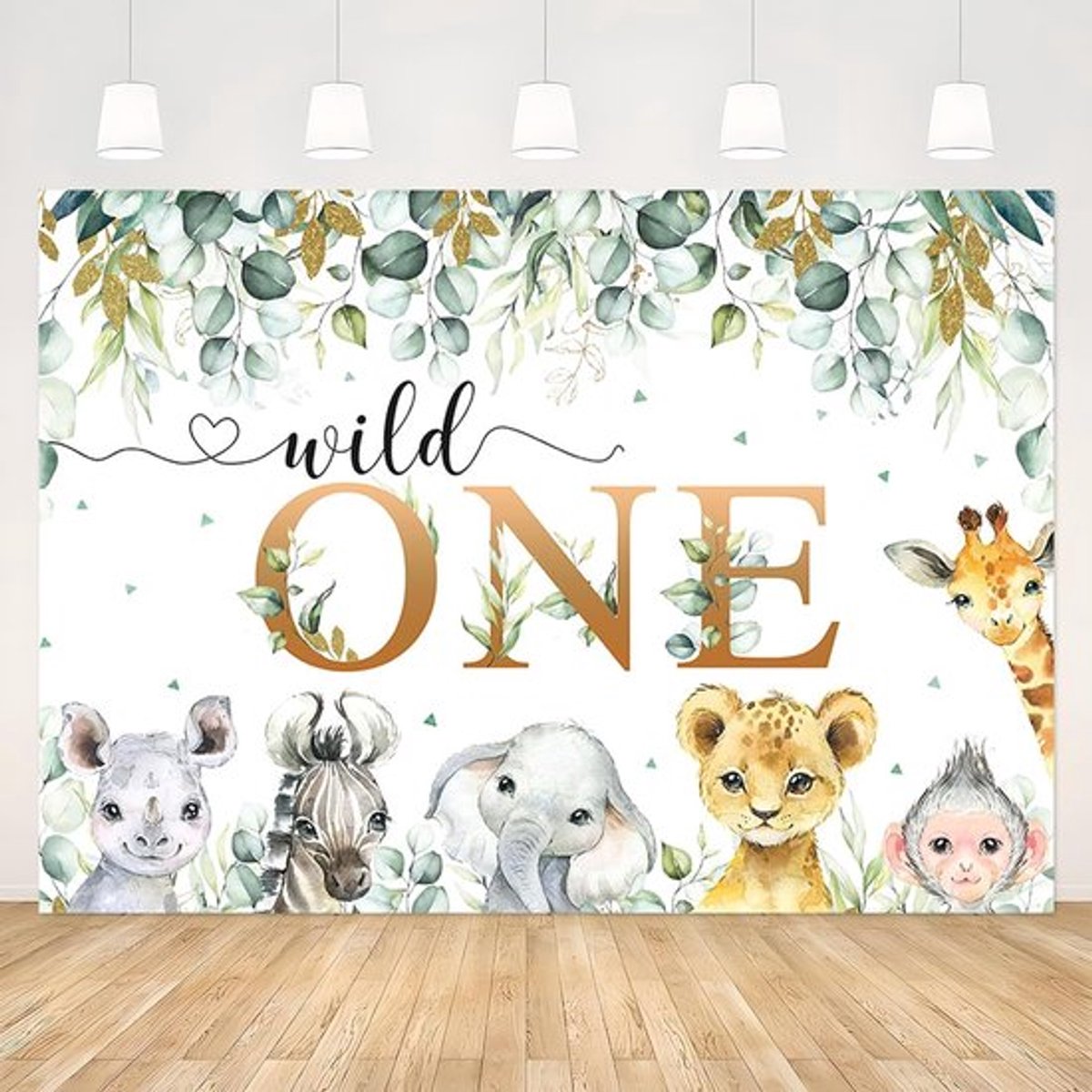 Wilde Jungle Dier Eerste Verjaardag Feest Fotografie Achtergrond - Groene Eucalyptusbladeren - Gouden Wild One - 1e Verjaardag Decoratie Achtergrond (20,5x12,5m)