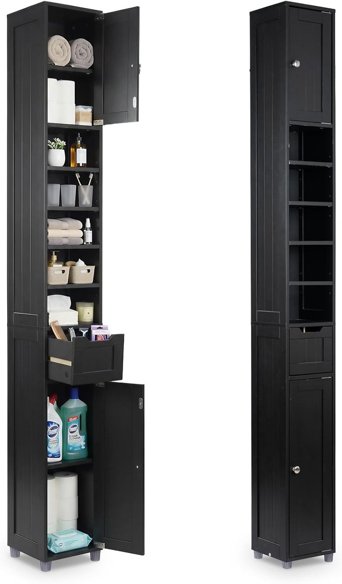 Zuil voor Badkamer - Zwart - 20 x 20 x 180 cm - Ruimtebesparende Badkamerkast met 2 Deuren en 1 Lade