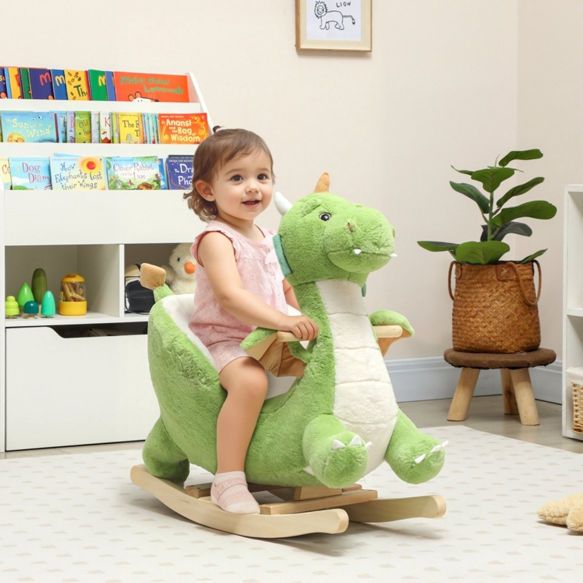 COVREO Schommeldier 65 x 38 x 72 cm groen, dinosaurus van pluche stof en hout