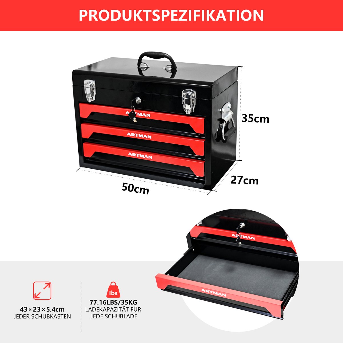 COVREO Gereedschapskoffer 50 x 27 x 35 cm zwart-rood, staal met 3 lades