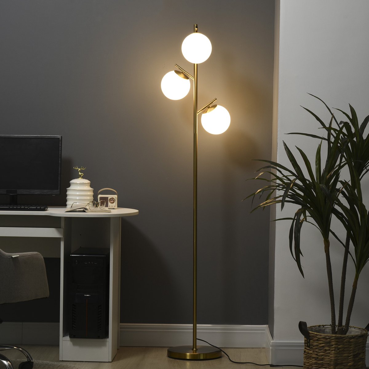 COVREO Staande lamp 27x169 cm goud ijzer, 3 lichtpunten met voetenschakelaar