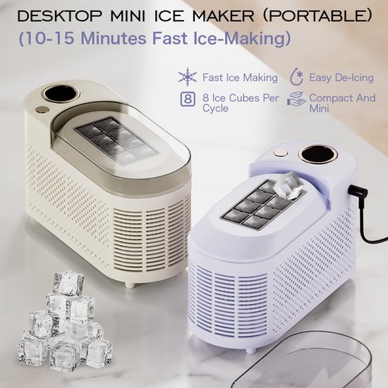 Mini IJsblokjesmachine - 8 Blokjes per Cyclus - Draagbaar & Compact - 12V & 230V - Voor Auto, Camping & Kantoor - Snel Ijs in 10 Minuten - Wit van Merkloos — afbeelding 4