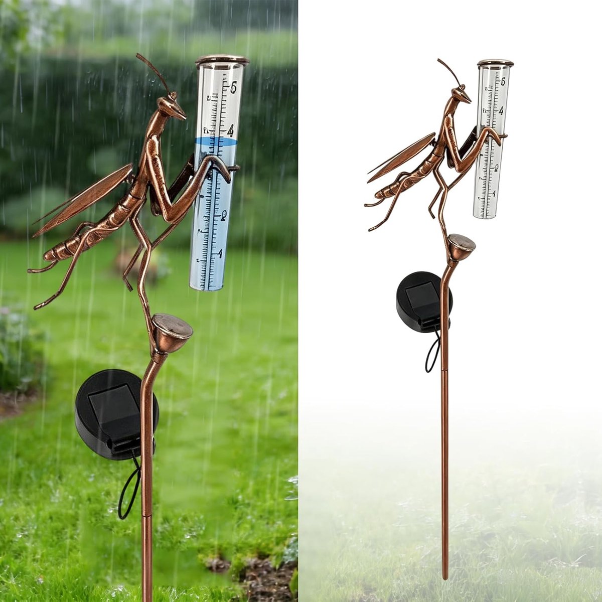 Decoratieve Regenmeter - Tuindecoratie Weer - Tuinieren Meten - Zonne-energie Led - 61 cm Hoog - Groen Zwart