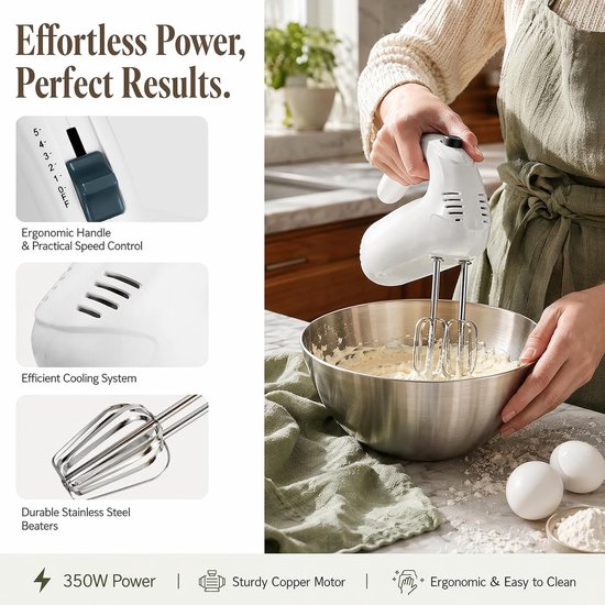 Elektrische Handmixer - Keuken Garde - Bakken en Mixen - 5 Snelheden - 18 x 6 x 7 cm - Wit — afbeelding 3