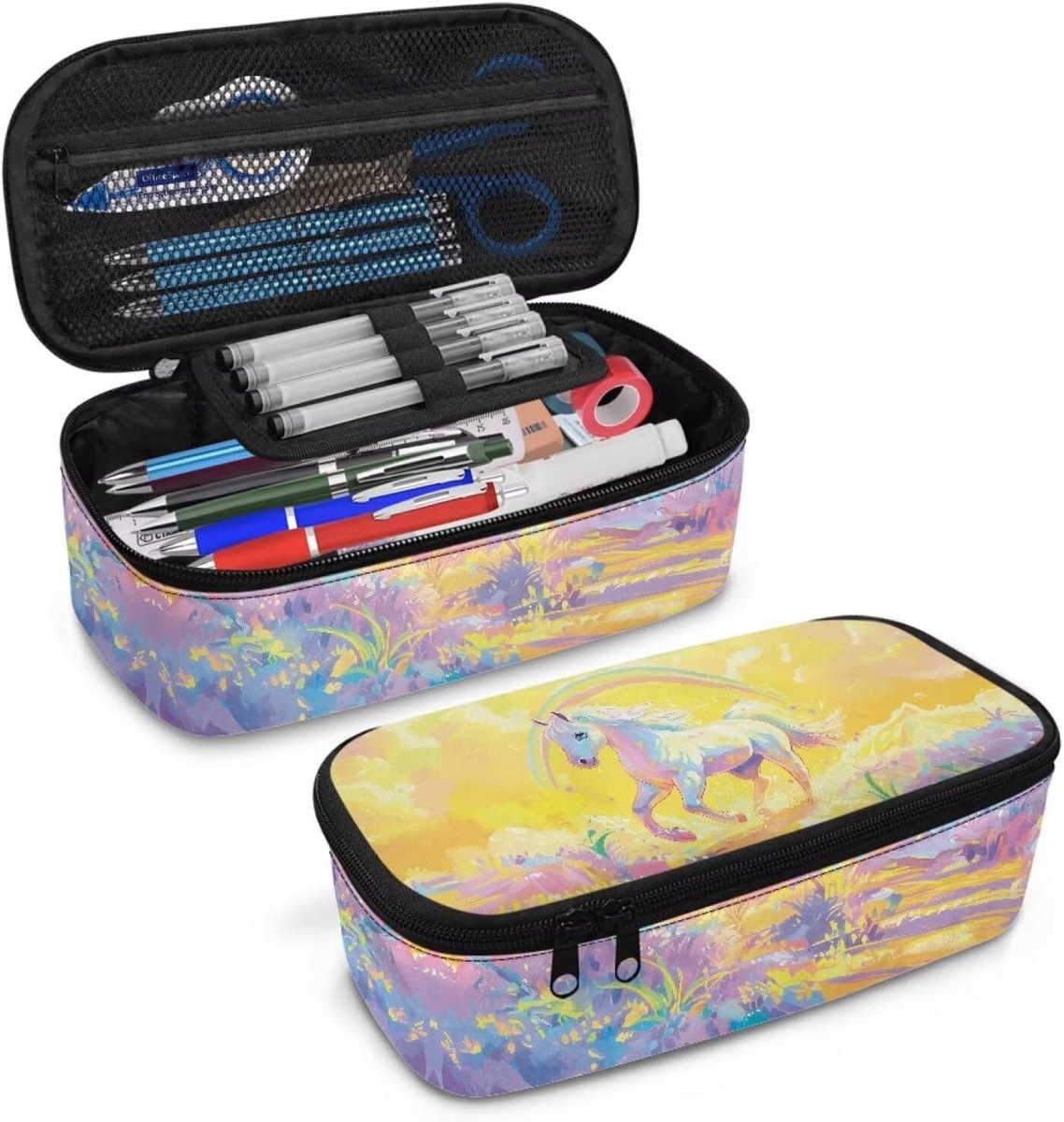 Potlood etui - Pennenbak organizer - School en reizen - Grote capaciteit - 26x11.4x8cm - Regenboog paard