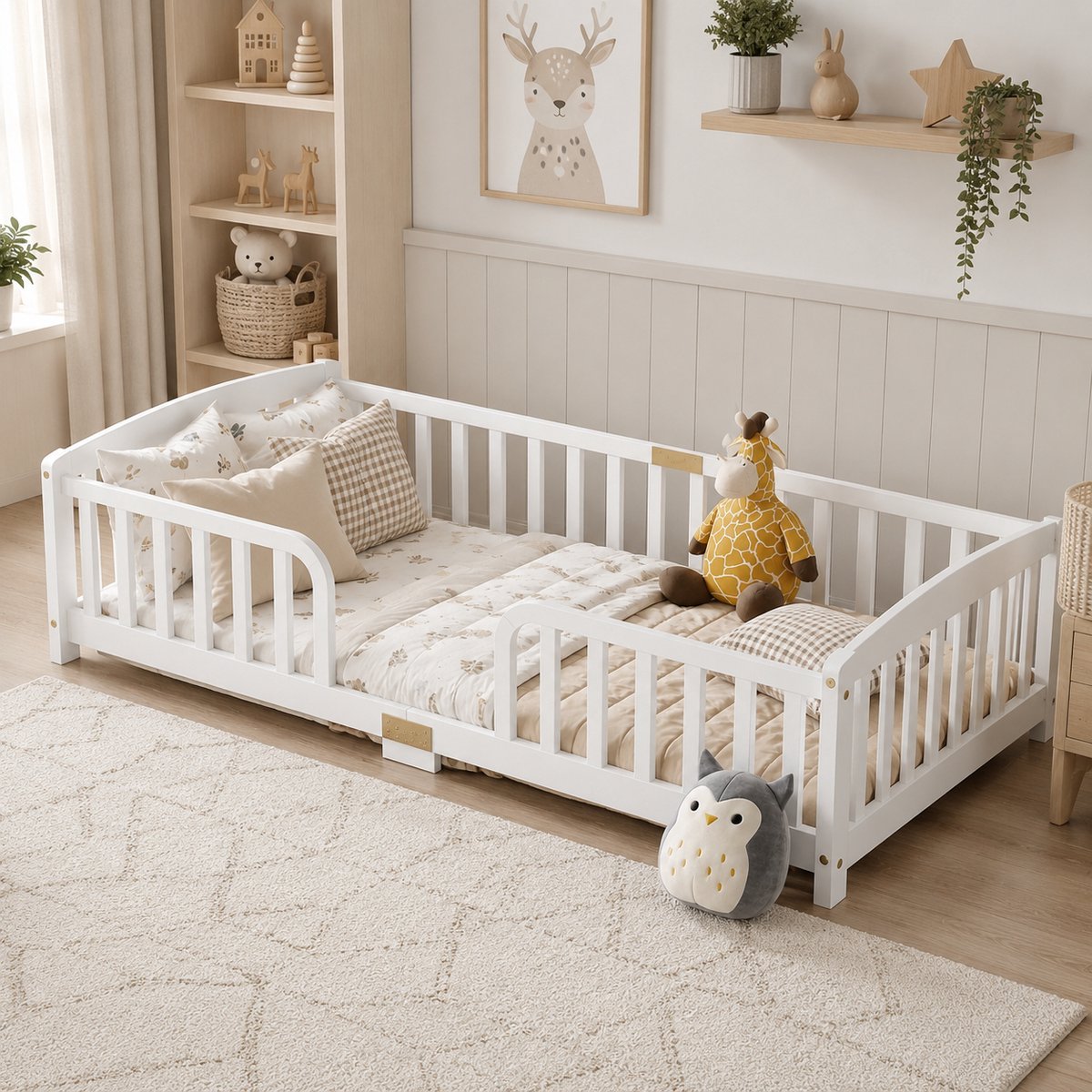 Kinderbed 90x200 cm - Eenpersoonsbed - Vloerbed - Houten frame - Met veiligheidsreling - Hoofdingang - Veilig en comfortabel - Creëer een Veilige & Stijlvolle Slaapomgeving - Wit