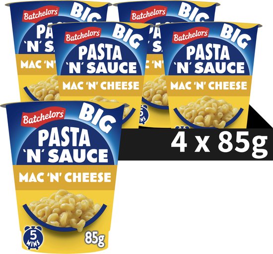 Vier bekers Batchelors Big Pasta 'n' Sauce Mac 'n' Cheese, elk 85g. Bereiding in 5 minuten.