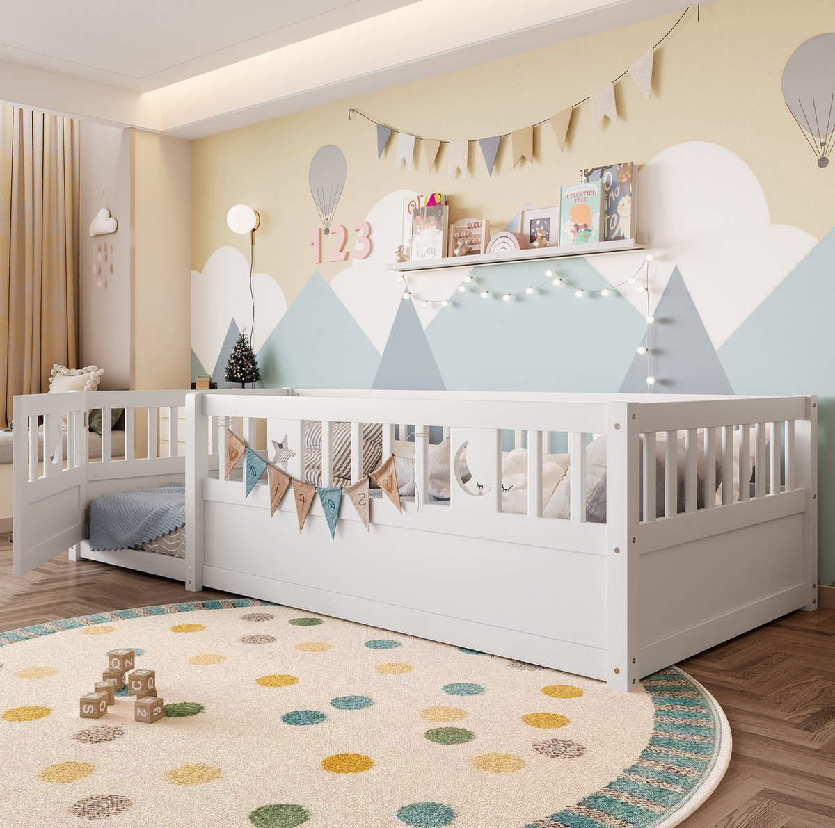 MEUNIQ kinderbed 90 x 190 cm met veiligheidshekken en afsluitbaar deurtje, sterren- en maa