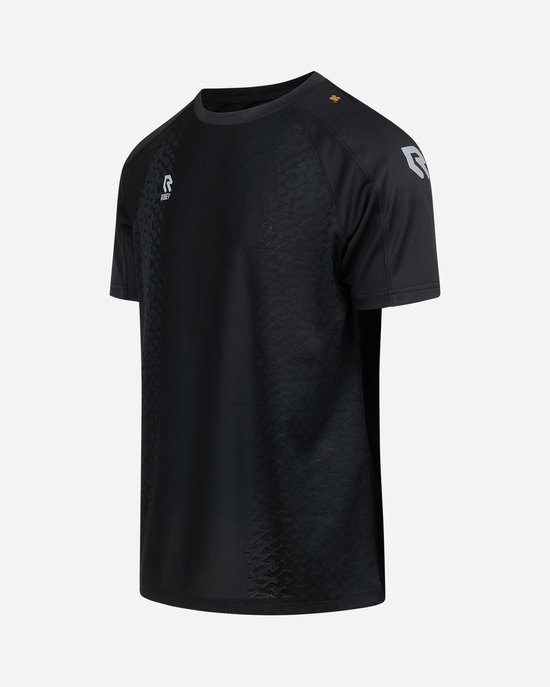 Zwart Robey sportshirt voor heren met een subtiel patroon op de voorkant en een logo op de mouw.