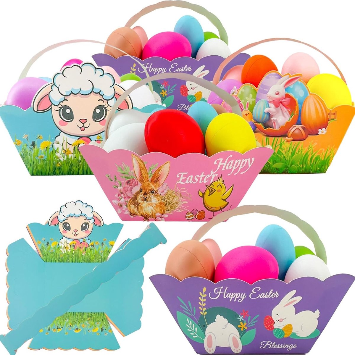 Set van 12 Paasmanden voor Kinderen met Handvat, Papieren Mandjes voor Vulling, Perfect voor Paascadeaus en DIY Versieringen in Blauw