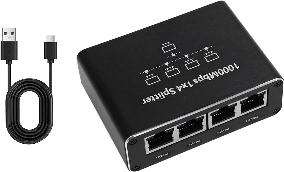 LAN Switch 1 naar 4 - Ethernet Splitter Netwerkverdeler - Netwerk Uitbreiden - Gigabit Snelheid Aluminium - 4 Poort RJ45