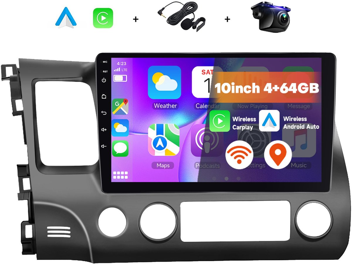 Boscer 2 Din Autoradio - Geschikt voor Honda Civic (2006-2011) - Draadloos Apple CarPlay & Android Auto - 4+64GB - 10.1 Inch HD Touchscreen - GPS - WiFi, Bluetooth & USB - Achteruitrijcamera & Microfoon