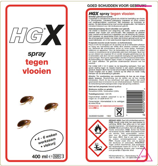 HGX spray tegen vlooien, 400ml, met waarschuwingen, ingrediënten en afbeeldingen van vlooien