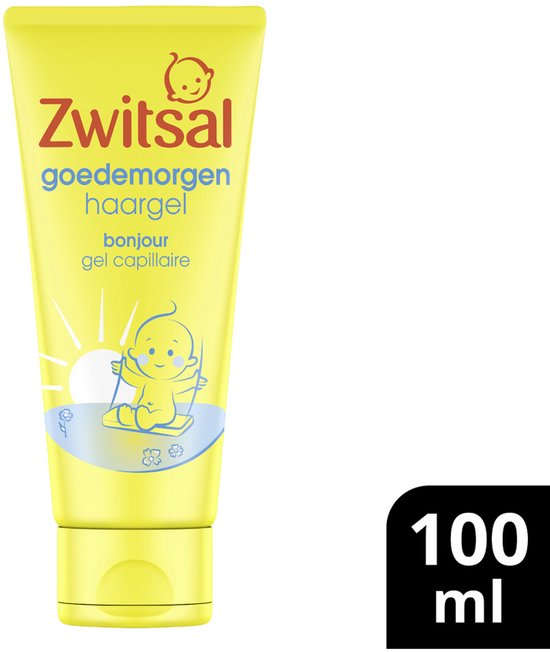Gele Zwitsal Goedemorgen Haargel tube met 100 ml aanduiding.