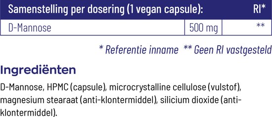 Samenstelling per dosering: 1 vegan capsule D-Mannose 500 mg. Ingrediënten: D-Mannose, HPMC, microkristallijne cellulose, magnesiumstearaat, siliciumdioxide.