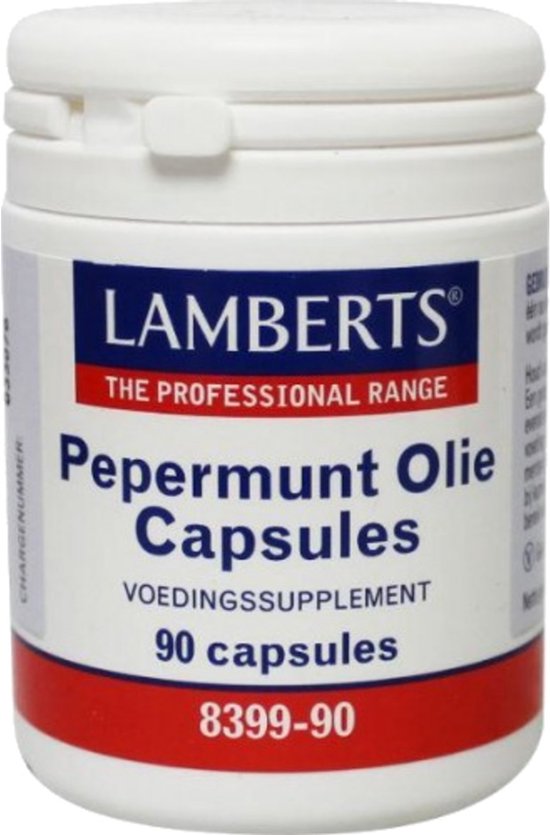 Witte pot met blauw-rood label: Lamberts Pepermuntolie Capsules 100mg, 90 capsules, vegan.