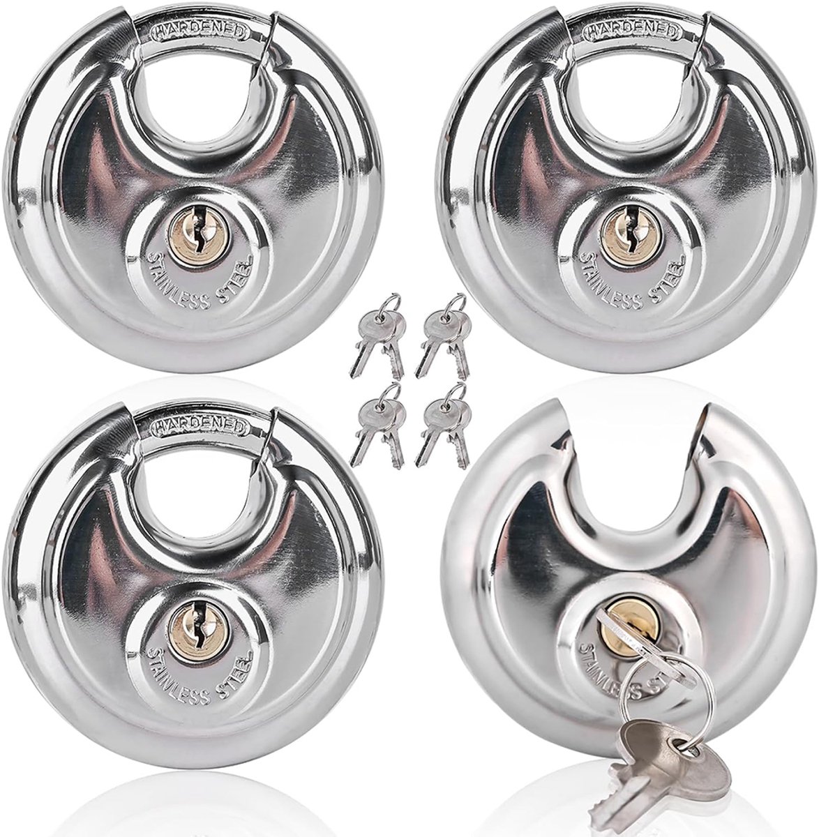 Rond roestvrijstalen hangslot - Schijfhangslot - Met sleutel - 70 mm diameter - Geschikt voor hendelsloten - Set van 4 - Enkelvoudige opening - Zilve