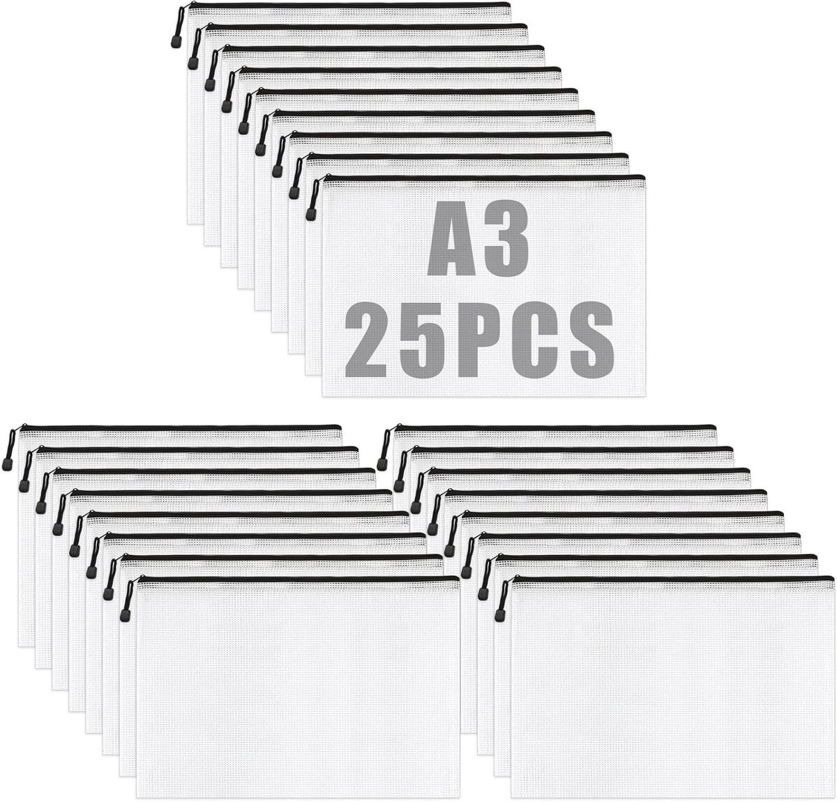 Pack van 25 A3 Documenten Compartimenten, Waterdichte Zip Bestanden, Perfect voor Kantoorbenodigdheden, Documenten en Papieren Organisatie (31.5 x 44 cm)