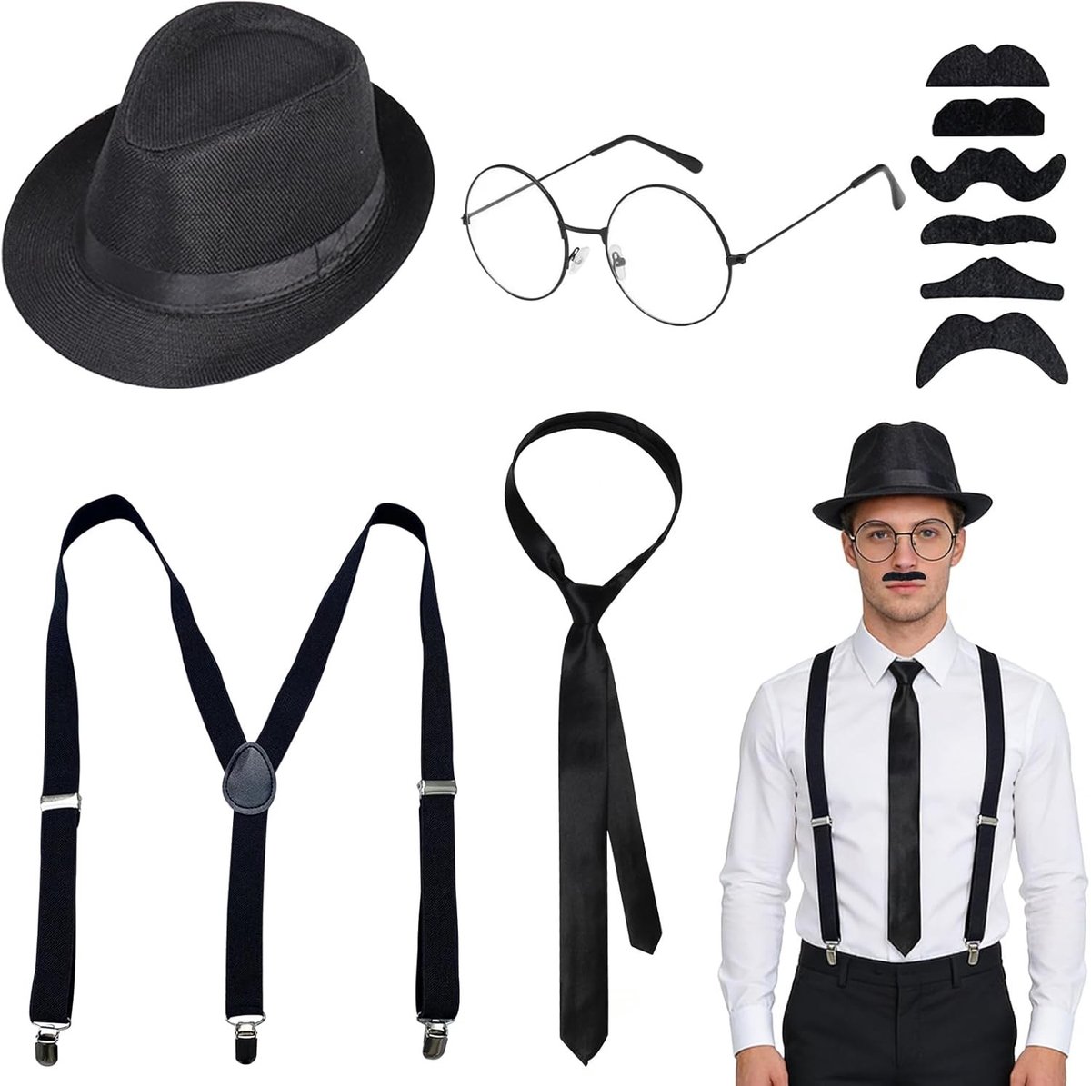 Agent Kostuum Accessoires Set met Hoed, Bovenkleding, Zwarte Stropdas en Bril voor Spionnen en Secret Service Themafeest