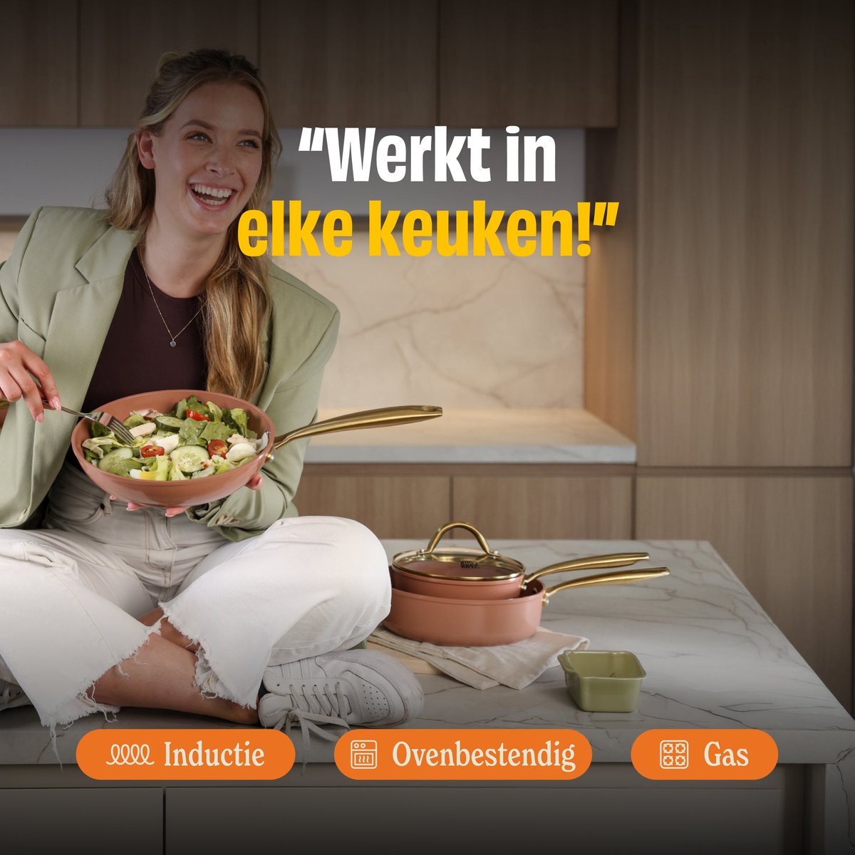 Cook & Pan Sienna Pannenset 9-delig PFAS vrij - Oud Roze met Gouden Handgrepen - Alle Warmtebronnen - Krasbestendige Anti Aanbaklaag - Vaatwasserbestendig - Gas, Inductie, Elektrisch, Oven - Pannen set - Koekenpan Wokpan Steelpan Hapjespan Kookpot – foto 4