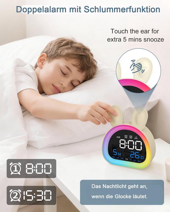 Kinderwekker Slaaptrainer - Digitale wekker nachtlampje - Kinderslaapkamer inrichten - 9 Kleuren Nachtlampje - Oplaadbaar - Crèmetinten — afbeelding 3