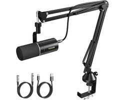 Microfoon USB/XLR Dynamisch – Podcast Microfoon met Boomarm – Cardioïde – Noise Cancelling – 3,5 mm Monitoring – Zwart