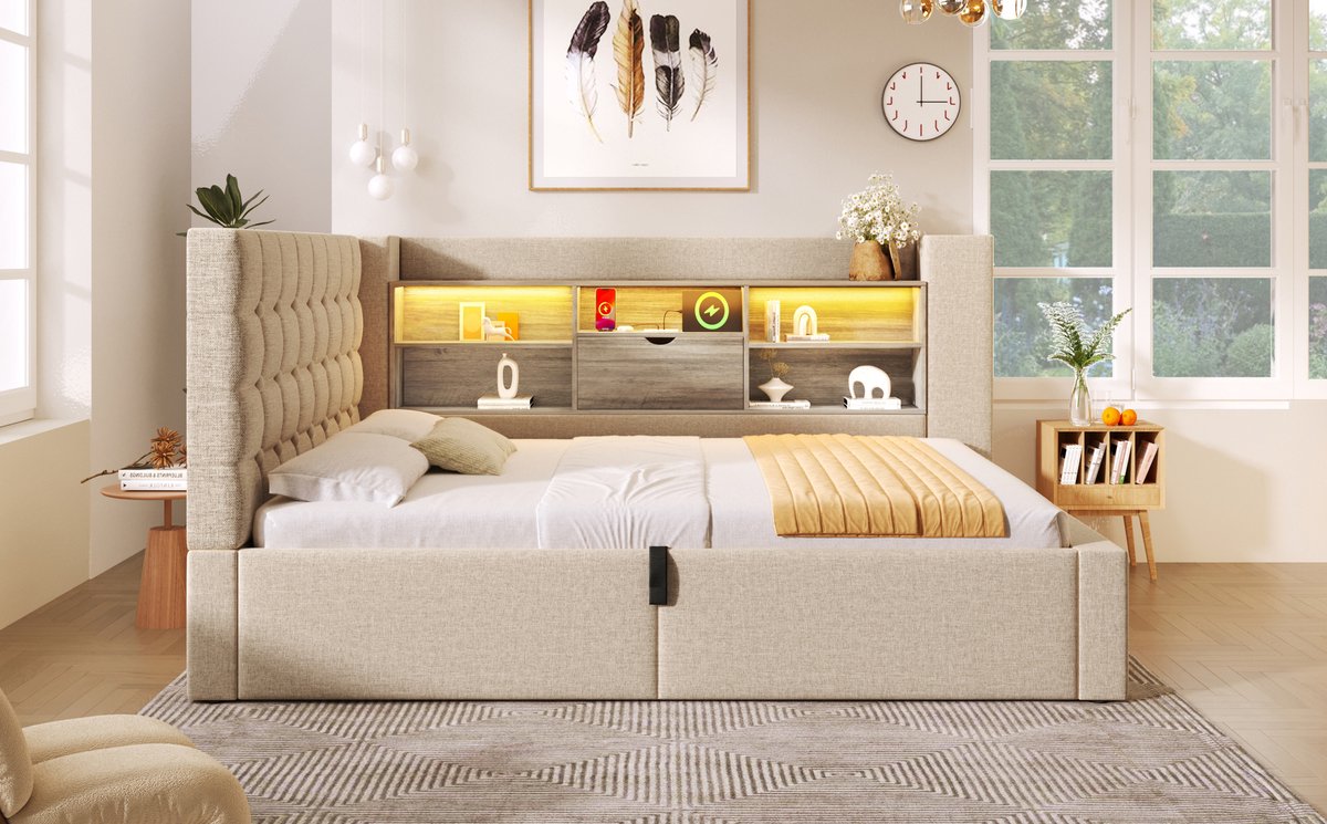 MEUNIQ gestoffeerd eenpersoonsbed 90x190 cm met LED, USB en USB-C, hydraulische opbergruimte, L-vormig hoofdbord met vakken, lattenbodem, beige