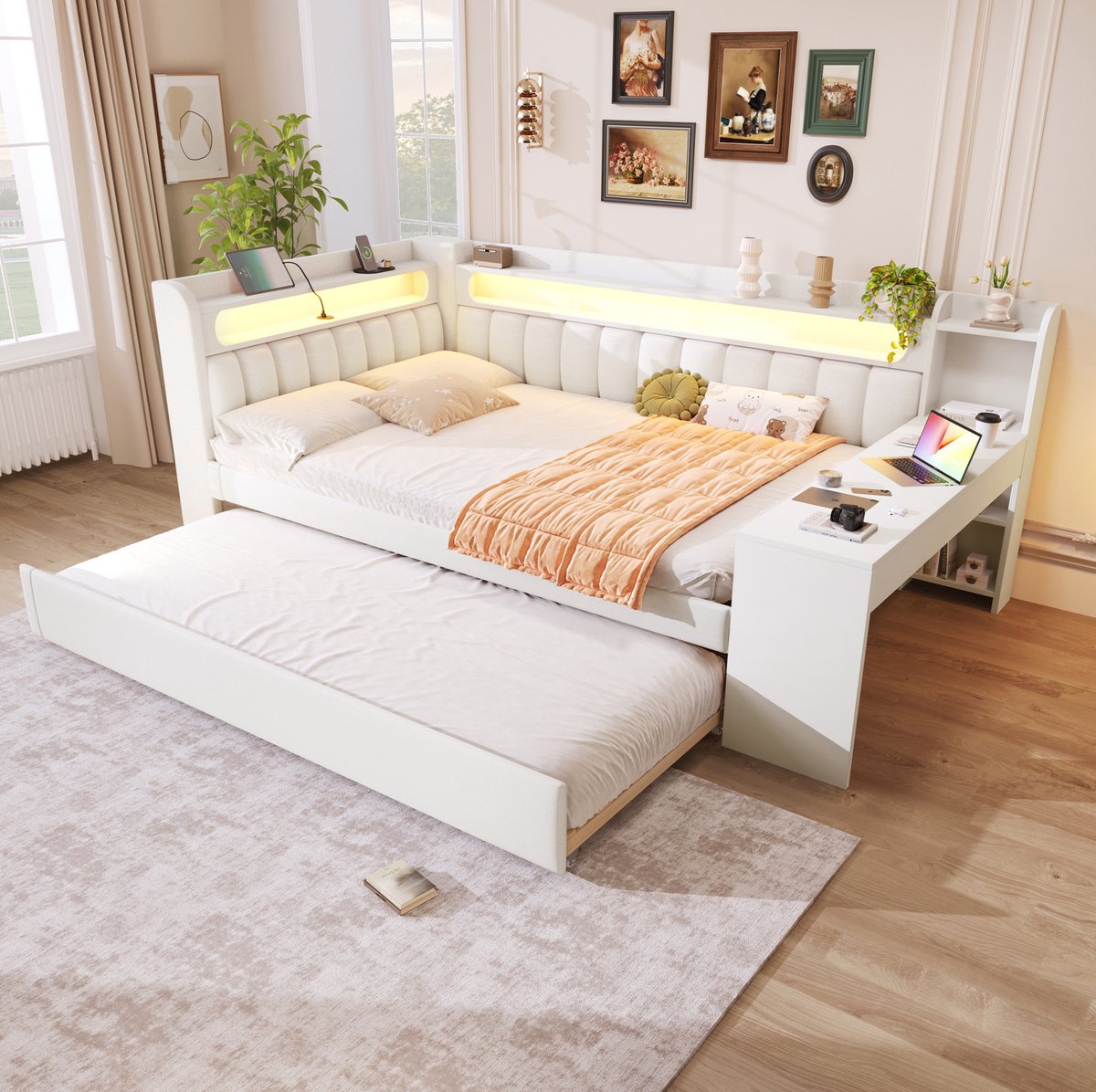 MEUNIQ Gestoffeerde bedbank 140x200 cm met uitschuifbed 90x190, bureau, planken, USB-aansluiting en LED-verlichting, slaapkamer, wit