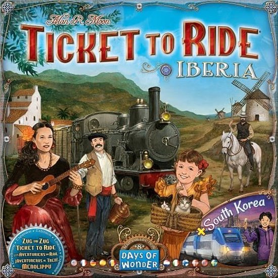 Spelén met een stoomtrein, 2 vrouwen, 1 man, 1 kind met katten, 1 man op een paard en een boerderij op de achtergrond. Tekst: Ticket to Ride Iberia South Korea.