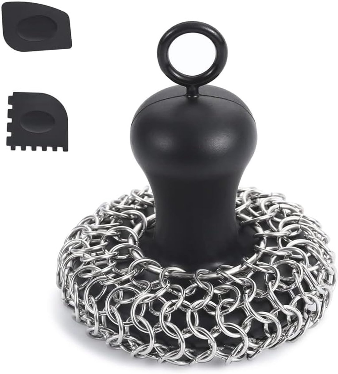 Kettingschrobber Pannenschraper - Keuken Gereedschap - Gietijzer Reinigen - Roestvrij Staal Siliconen - 10 x 8 x 7 cm - Zwart