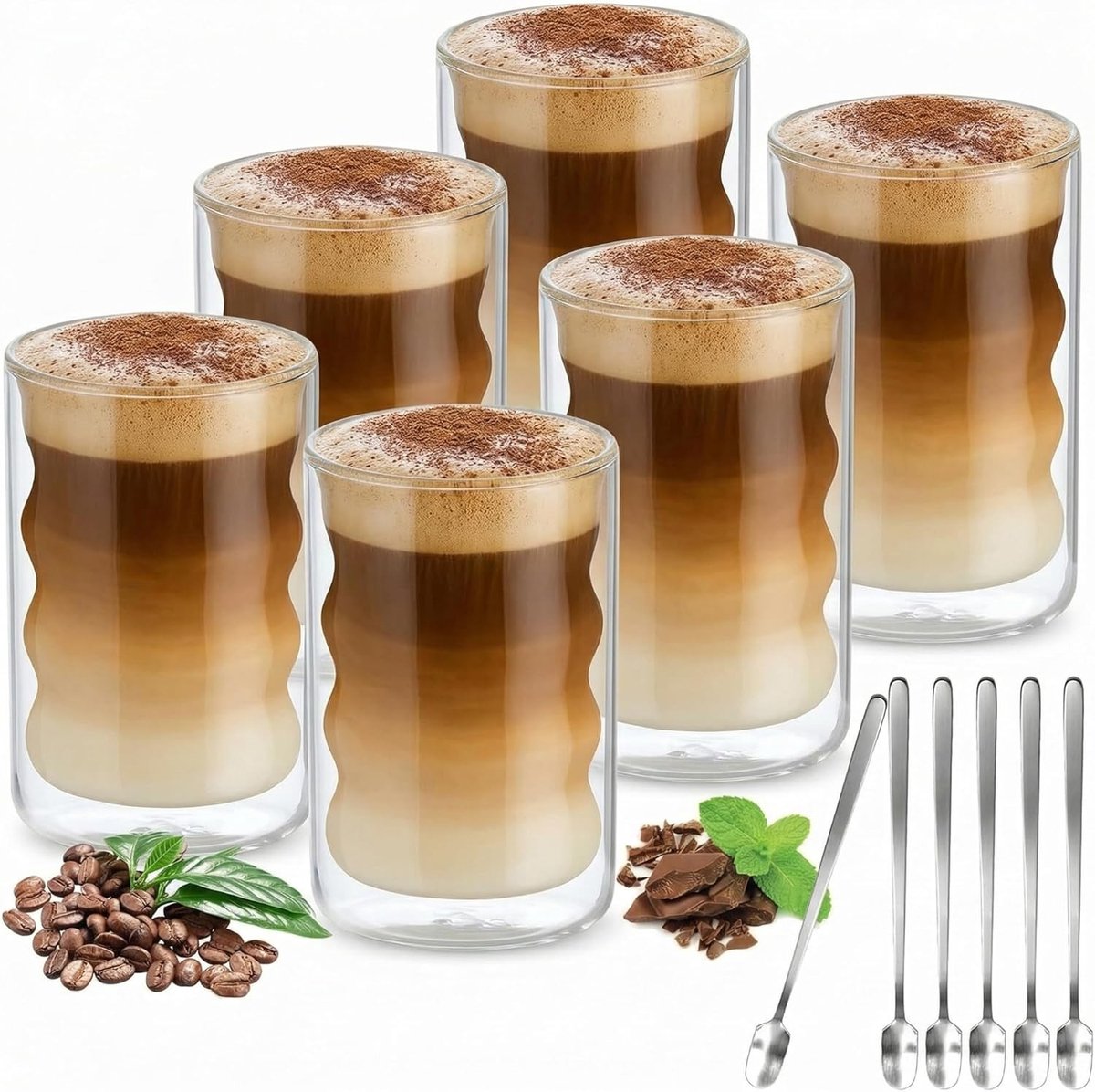 Dubbelwandige Latte Macchiato Glazen - Borosilicaatglas - Set van 6 met Lepels - 400 ml - Voor Koffie en Thee