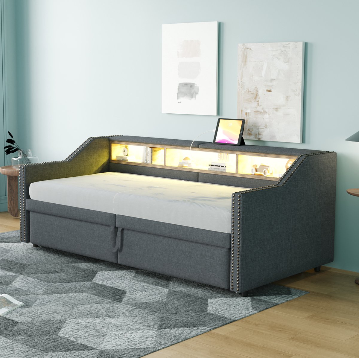 MEUNIQ Slaapbank 90/180 x 200 cm uitziehbaar bed met lattenbodem, LED-verlichting, USB-aansluiting en 3 opbergvakken, gestoffeerd met armleuningen, donkergrijs