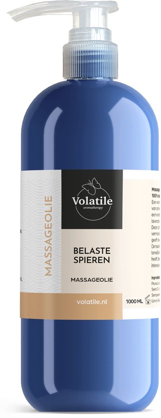 Grote blauwe fles Volatile massageolie 'Belaste spieren' met pomp.