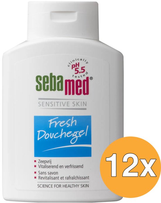 Witte fles Sebamed Fresh Douchegel voor de gevoelige huid, pH 5.5. Bevat "12x".