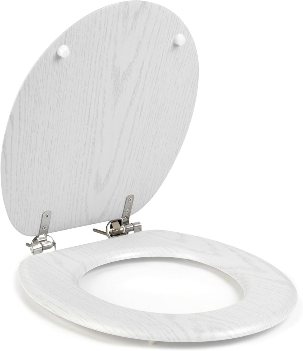 Toiletbril Houtlook - Zitting Deksel - Badkamer Vernieuwen - Eenvoudige Montage - 37 x 43 cm - Wit