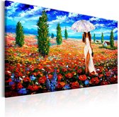 Schilderij - Vrouw met Paraplu in veld met bloemen