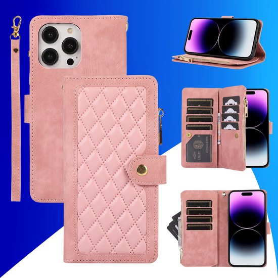 Étui adapté pour iPhone 14 - Bookcase - Porte-cartes - Portefeuille - Cordon - Simili cuir - Rose