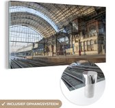 MuchoWow® Glasschilderij 40x20 cm - Schilderij acrylglas - Station - Trein - Haarlem - Foto op glas - Schilderijen