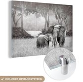 MuchoWow® Glasschilderij 90x60 cm - Schilderij acrylglas - Olifant - Dieren - Natuur - Zwart wit - Foto op glas - Schilderijen