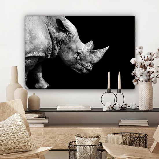 Peintures sur toile - Portrait photo rhinocéros sur fond noir en noir et blanc - 60x40 cm - Décoration murale