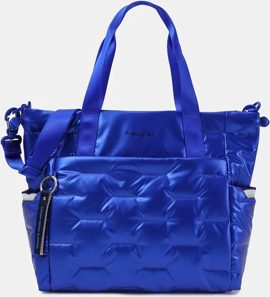 Kiezelblauwe Hedgren shopper met gewatteerd voorvak, hengsels en schouderband.