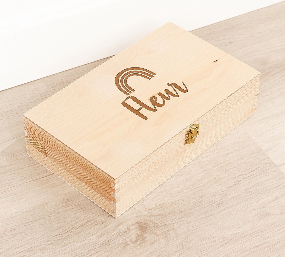 Houten kistje 'Fleur' Regenboog - Tekenkist - Herinneringsdoos - Kraamcadeau - Knutseldoos - Memorybox - Baby - Geboorte